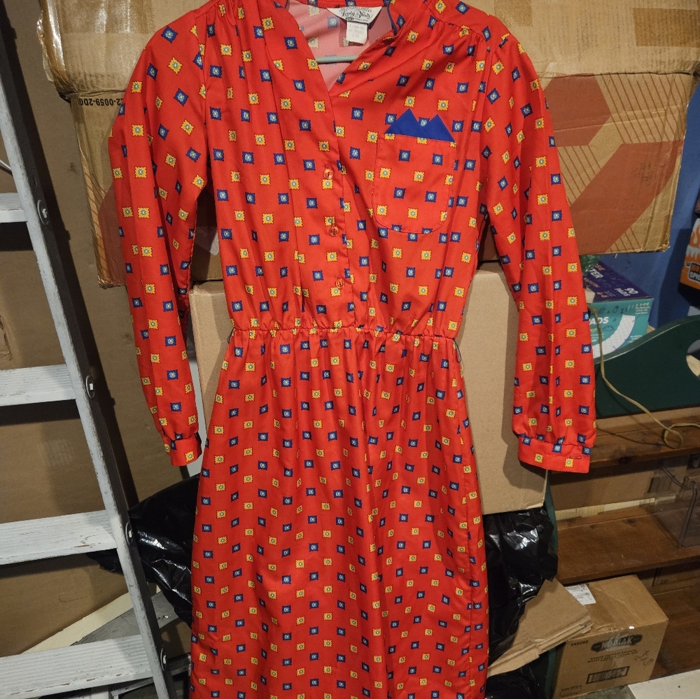 Lady Blair Red&Multicolor Long Sleeve Dress Size 10 Vintage